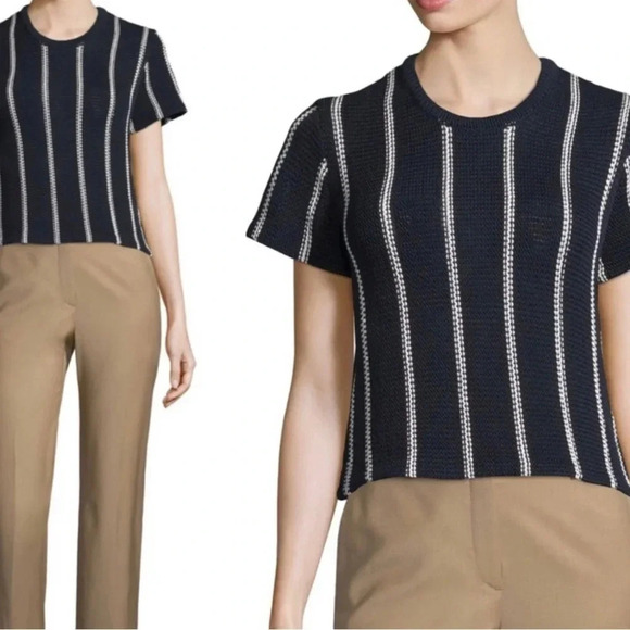 Theory Emmeris Ibisco Striped Boxy Crochet Knit Sweater Size M Short Sleeve - Picture 4 of 12